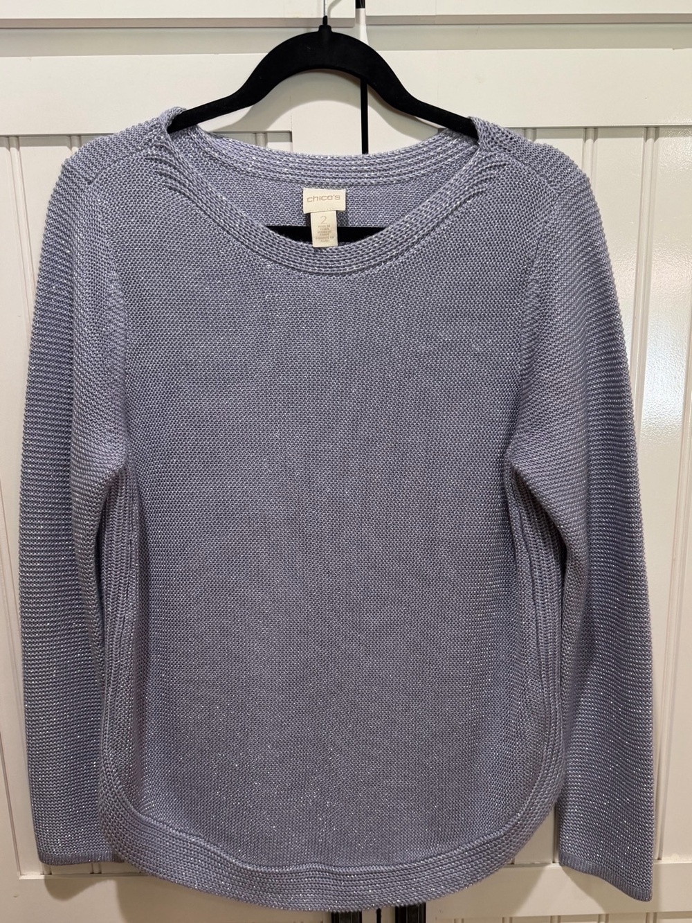 Chico’s Size 2 (US 12) Blue Gray Metallic Shimmer Knit Sweater Long Sleeve